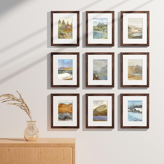 Vittanly 8x10 Picture Frames Set of 9, Shatter Resistant Plexiglass, Display 5x7 Pictures with Mat or 8x10 without Mat, Photo Frames for Wall or Tabletop, Engineered Wood, Walnut