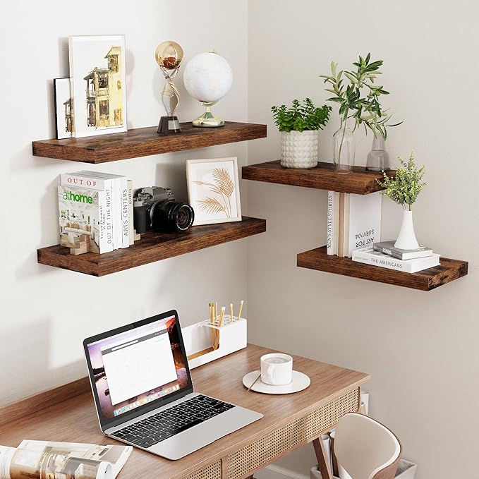 Fun Memories 32 Inch Floating Shelves, Farmhouse Wood Floating Shelf Set of 2, 32 x 9 Floating Shelf Wall Mounted, Deep Storage Display Shelves for Kitchen, Bedroom, Living Room, Rustic Brown Color