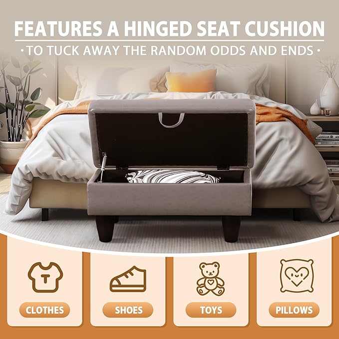 Ottoman Rectangular Storage Ottoman Bench, Faux Leather Footrest, Coffee Table, Stool Footstool with Hinged Lid for Living Room, Bedroom, Entryway, Champagne, 28.5"x19"x17.5"