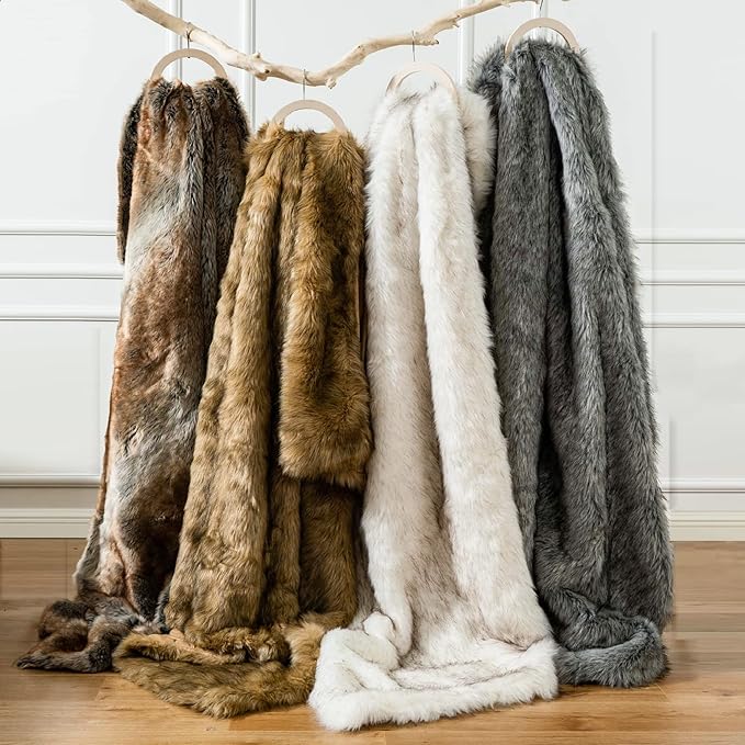 BATTILO HOME Luxury White Faux Fur Throw Blanket Long Pile with Black Tips, 51"x67", Super Warm Thick Faux Fur Blanket for Couch, Bed, Fuzzy Fluffy Elegant Cozy Blanket