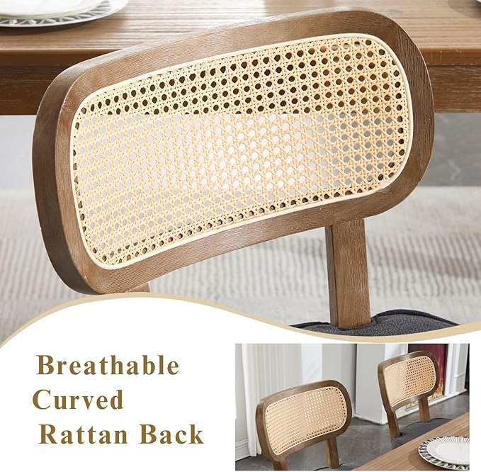 Rattan Dining Chairs Set of 4, Upholstered Linen Dining Room Chair with Cane Backrest Wooden Farmhouse Kitchen Chairs Armless Side Chair for Dining Room/Restaurant, Black