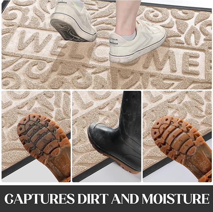 Yimobra Door Mat Indoor Outdoor Entrance, Non Slip Welcome Front Doormats, Heavy Duty Rubber Backing, Stain and Fade Resistant, Low Profile, Easy Clean Patio Garage Floor Mats, 47 x 32, Beige