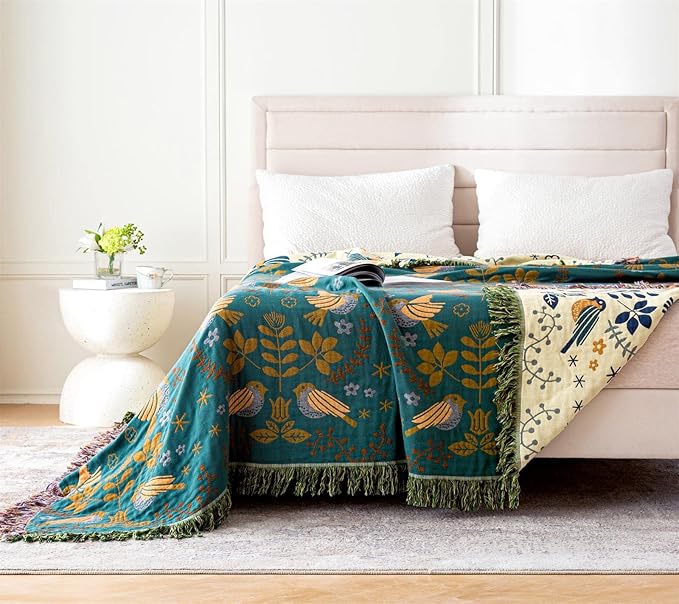 Cotton Throw Blanket 100% Muslin for Couch Bed 80''x 90'' Farmhouse Blanket 4-Layer Summer Blankets Boho Quilt Decor for All Seasons Cozy Soft Lightweight Knitted Warm Blanket Gifts for Women