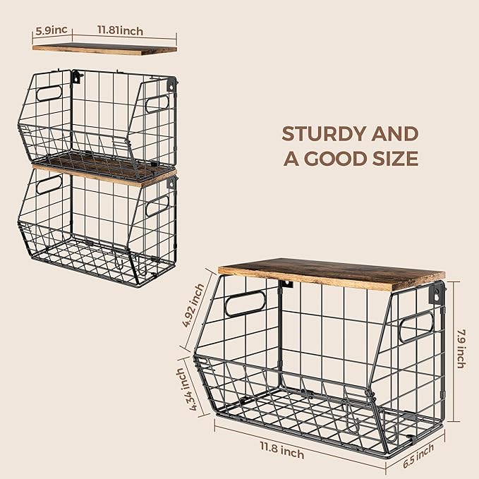 Delamu 3 Pack Stackable Metal Fruit Basket with Wood Lid-Wall Mounted&Countertop Organizer for Kitchen,Pantry- Ventilated Storage for Onions,Potatoes,Fruits,Spices,Black