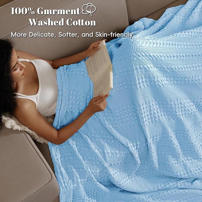 PHF 100% Cotton Waffle Weave Blanket King Size, Soft Lightweight Breathable Cozy Summer Blankets for Bed, Luxury Aesthetic Woven Bedding for Home Decor, 108"x90", Sky Blue