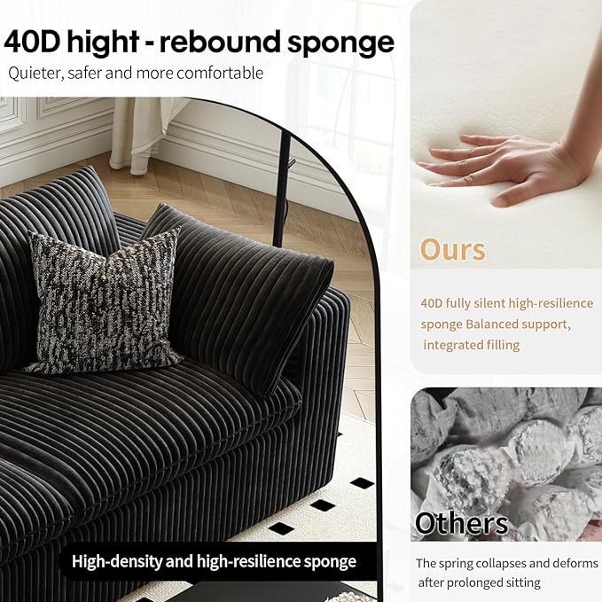 118" Cloud Couch Oversized Modular Sectional Sofa for Living Room,Modern Sofa with Deep Seat，6 Seater Boneless Couch,Comfy Upholstered Corduroy Couches for Apartment, Studio, Office,Bedroom，Black
