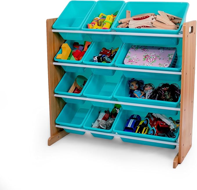 Humble Crew Kids Toy Storage Organizer with 12 Plastic Bins, Natural Wood/Aqua – Removable Bins for Playroom, Bedroom, Toddler Furniture for Boys and Girls Ages