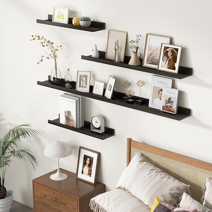 Picture Ledge Shelf for Wall, 36 inch Solid Pine Wood Nursery Book Shelves 2 Packs, Floating Ledge Shelves for Kids' Room Bedroom Bathroom Living Room Photo Frames Office Nursey Wall Decor, Black