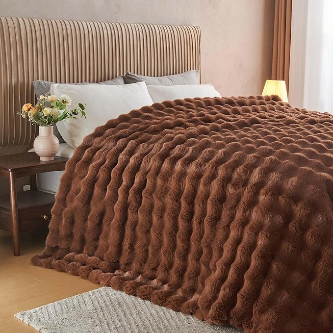 Lotus Karen Faux Fur Throw Blanket Dark Coffee - Big Bubble Rabbit Fluff Blanket for Couch Bed Sofa,Softest Fluffy Fuzzy Cozy Blanket,Thick Furry Plush Shaggy Warm Blankets for Women,90x90 Inches