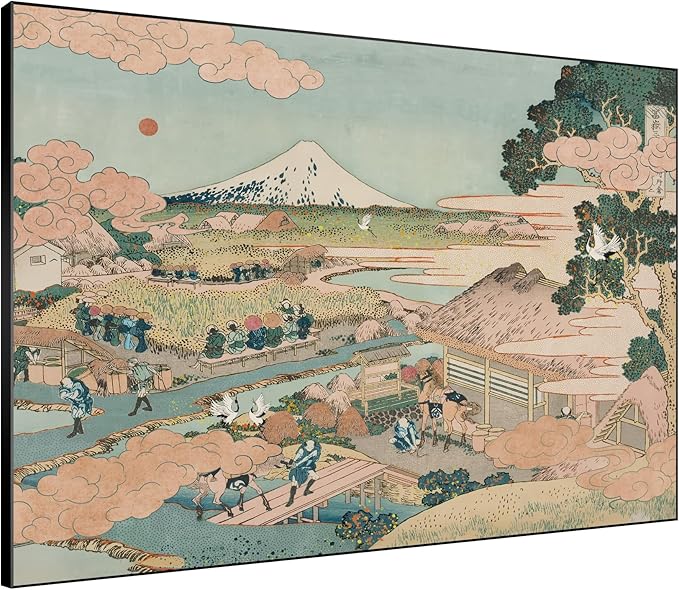 SIGNWIN 60"x72" Extra Large Framed Wall Art Japanese Ukiyo-e Landscape, Timeless Mt. Fuji Scene for Zen-Inspired or Asian-Style Interiors for Home Living Room Bedroom Decor (Frame Assembly Required)