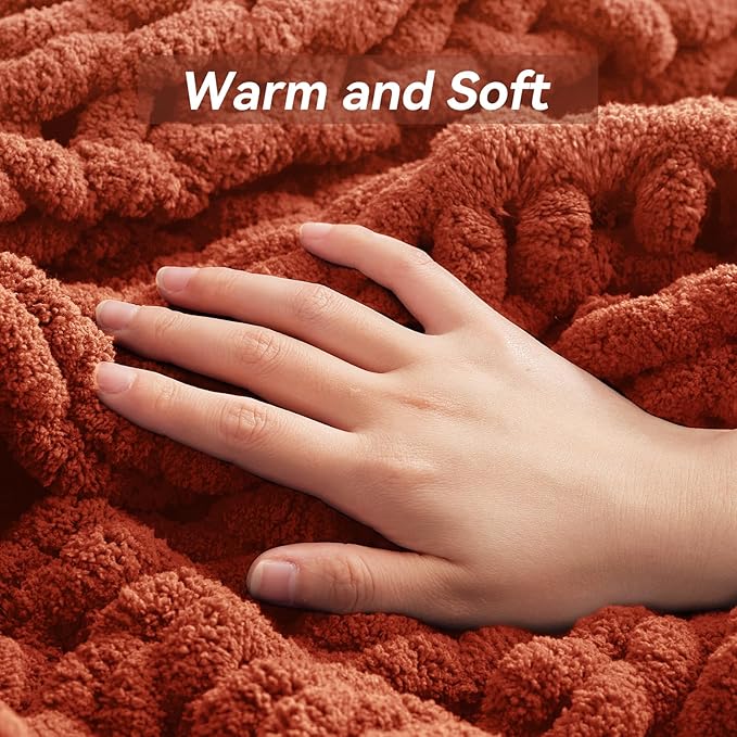 Chunky Knit Throw Blanket, 40''*50'' Knitted Throw Chenille Yarn for Bed Couch, Handmade Orange Crochet Big Thick Blanket, Machine Washable Cute Comfy Blanket for Home Decor