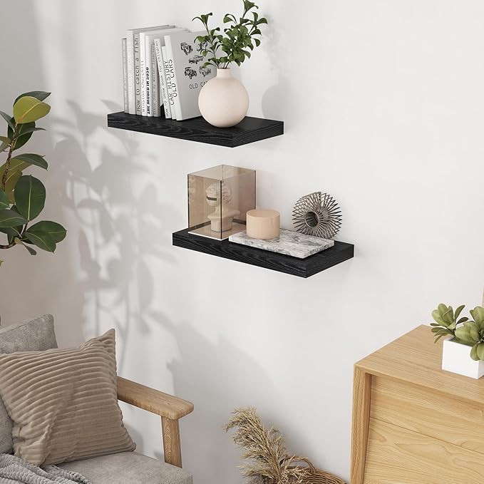 Fun Memories Black Floating Shelves 16 Inch Long, 9 Inch Deep Wall Shelf for Bathroom, 16 x 9 Floating Shelf for Living Room, Bedroom, Kitchen, Rustic Wood Shelves for Wall, Set of 2