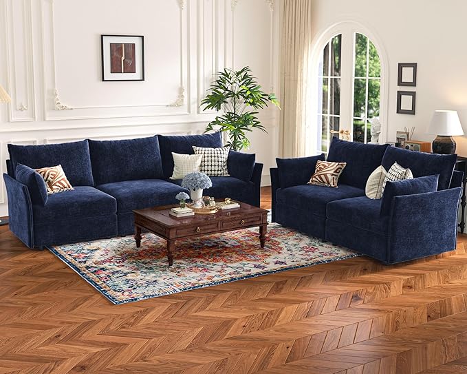 135.5" Oversized Modular Sectional Sofa, L Shaped Convertible Couch with Movable Ottoman, Large 6 Seat Corner Couches for Living Room Deep Seat Blue Chenille