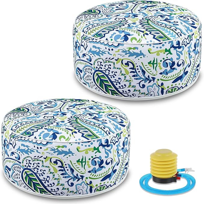 2 Pack Outdoor Inflatable Ottoman Waterproof Inflatable Pouf Foot Rest with Handle D21 x H9 Portable Outdoor Foot Rest for Patio Garden Camping or Home