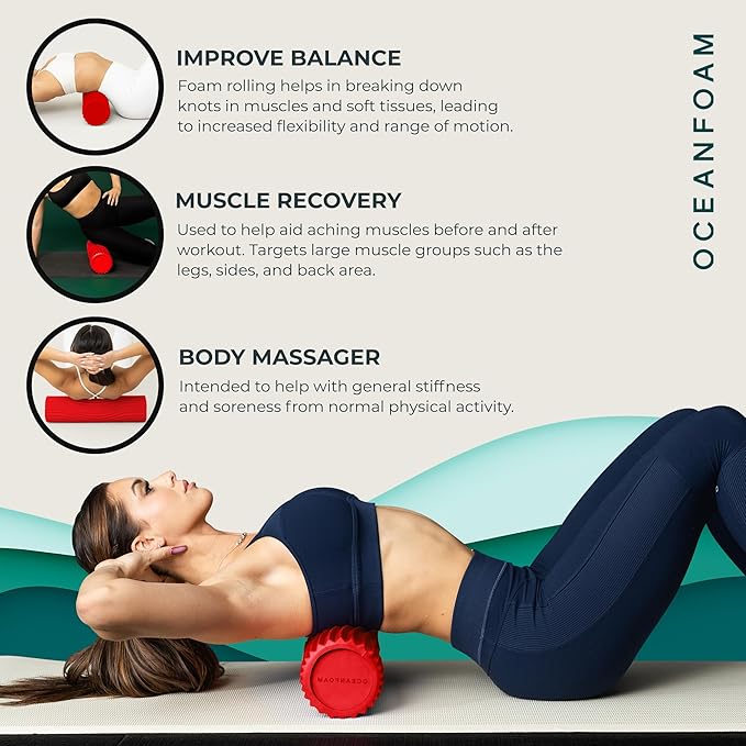 Oceanfoam Tidal Roller - Red - Muscle Massage Foam Roller for Back Pain & Stretching - Firm and Ergonomic Wide Wave Textured - Yoga, Athletics, & Wellness - Full Size, 20" x 5"
