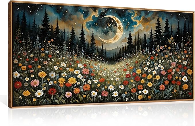 HPINUB Wildflower Moon Pine Tree Framed Canvas Wall Art Set,Nature Forest Wall Decor,Mystical Starry Night Artwork Rustic Mountain Landscape Art Print for Living Room,Bedroom,Office-20 x40
