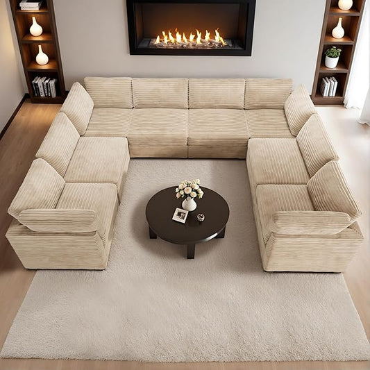 HOOOWOOO Modular Sectional Sofa,8 Pieces Sectional Couches for Living Room,131X98 L Shaped Cloud Couch with Ottoman Chaise Set(Beige Velvet Corduroy)