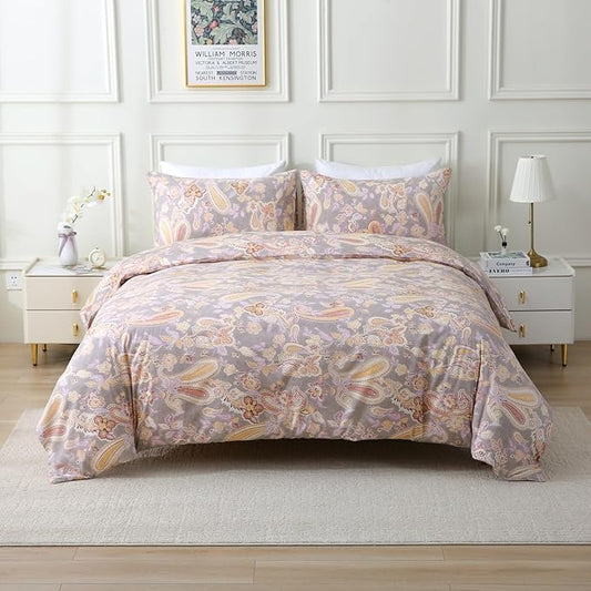 ABREEZE Paisley Bedding Sets 3Pcs Brushed Cotton Duvet Cover Set Queen Size Rustic Damask Gold Floral Comforter Cover with Zipper Closure Boho Bedding Collections