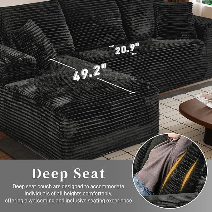 Modular Sectional Sofa Cloud Sectional Couch, 107" Comfy Fluffy L Shaped Black Couches for Living Room, Deep Seat Memory Foam Plush Corduroy Boneless Couch Sectionals with Left Facing Chaise Sofa
