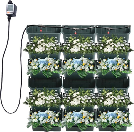 18 Pots Self-Watering Vertical Wall Planter, 39.4”L x 39.4”H Stackable Plastic Wall-Mounted Plant Grow Pots, Wall Hang Garden Planter Outdoor Indoor for Herbs Flowers Strawberries (Green)