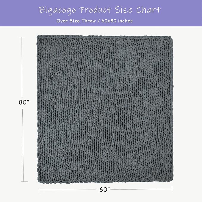 Bigacogo Chunky Knit Throw Blanket for Couch, 60x80 inches, 100% Hand Knitted with Thick Jumbo Chenille Yarn, Cozy Soft Large Rope Knot Cable Crochet Blankets for Sofa Bed Living Room, Iron Gray