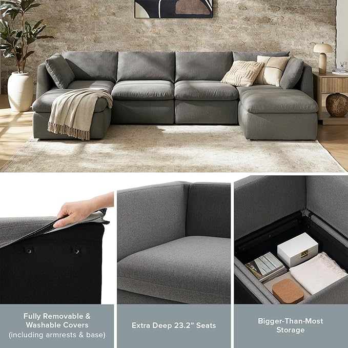 mopio Oversized Modular Sectional Sofa with Fully Removable Covers and Storage, Convertible U, L-Shaped and Sleeper Sectional, Modern Couches with Ottoman Chaise (Stone Gray Fabric, 8 Seats, U)