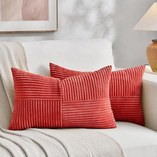 Fancy Homi 2 Packs Red Long Lumbar Decorative Throw Pillow Covers 16x24 Inch for Couch Bed Sofa, Holiday Christmas Home Decor Gift, Soft Striped Corduroy Rectangle Accent Cushion Case 40x60 cm