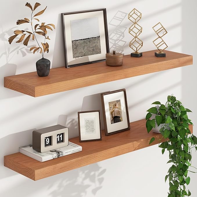 Floating Shelves for Wall, USA-Sourced Cherry Wood 36 Inch Long Wall Shelves Set of 2, Natural Wooden Wall Mounted Picture Ledge Shelf, Nursery Book Storage Shelf Kids Bookshelf, Display Shelf