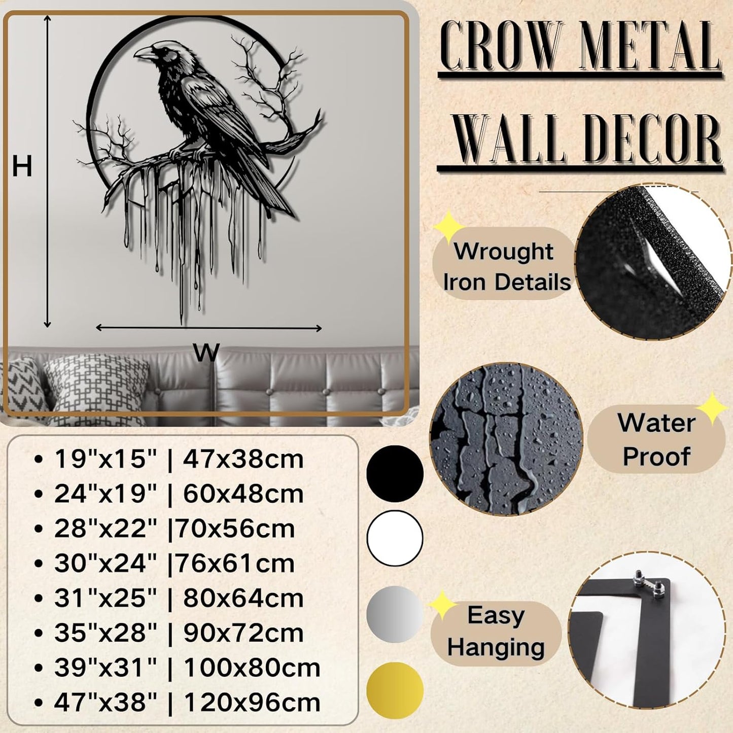 Crow Metal Wall Decor, Raven Wall Art, Large Gothic Raven Decor Hangings, Bird Wall Decor, Metal Tree Branch Decor, Ravens Sign, Raven Art for Living Room (Black, 31"x25" | 80x64cm, metal wall art)