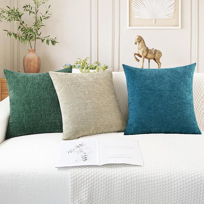 CaliTime Throw Pillow Covers Decorative 22 X 22 Inches Pack of 2 Cozy Chenille Cushion Cases for Couch Sofa Bed Living Room Home Dark Green
