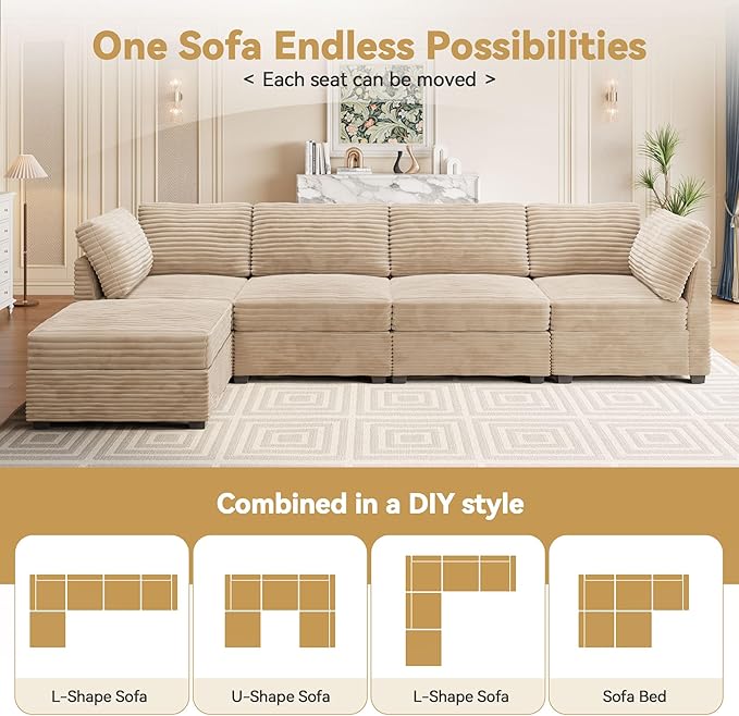 Modular Sectional Sofa with Chaise U Shaped Sectional Couch for Living Room, 5-Seater Comfy Cloud Couches, Plush Corduroy, Beige