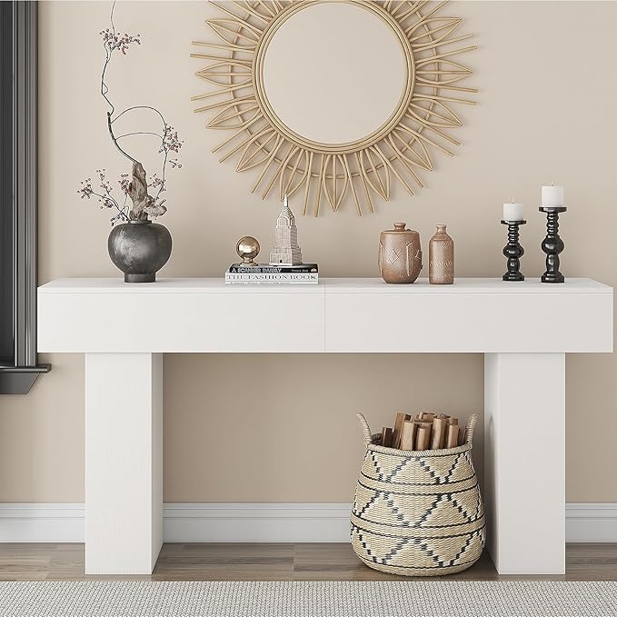 63 Inch Long Console Table for Entryway, Farmhouse Wood Rectangular Sofa Table Behind Couch Table, Narrow Entryway Table for Living Room, Entrance, Hallway, Foyer, Easy Assembly (Classic White)