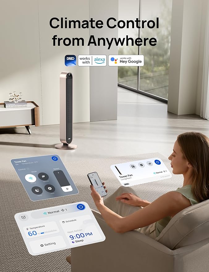 Dreo Smart Tower Fan Voice Control, 120° Oscillating Fan Works with Alexa/Google/App/Remote, 42 Inch, 25dB Quiet DC Bladeless Fan for Bedroom,12 Speeds, Floor Fan for Home, Office, Pilot Max S