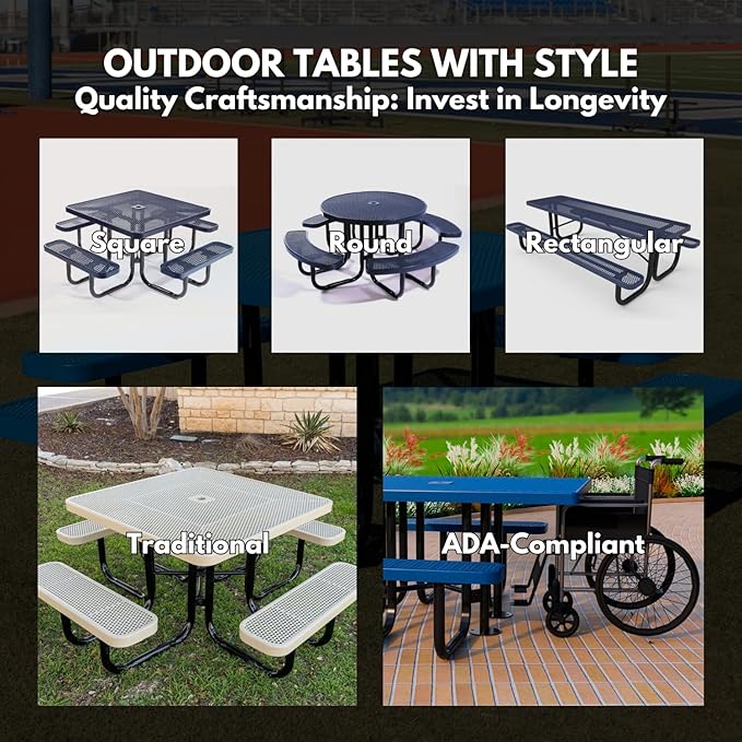 Heavy-Duty Portable Outdoor Picnic Table with Umbrella Hole, Punched Steel Patio Dining Furniture Made in America (46" Round Top, Dark Blue)
