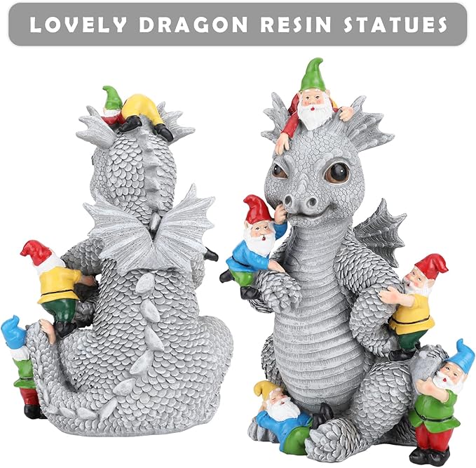 Dragon Gnome Statues Outdoor Decor, 13” Dinosaur Play with Gnomes Garden Statue, Outdoor Statue for All Season Lawn Decor, Garden Decoration, Gardening Gift
