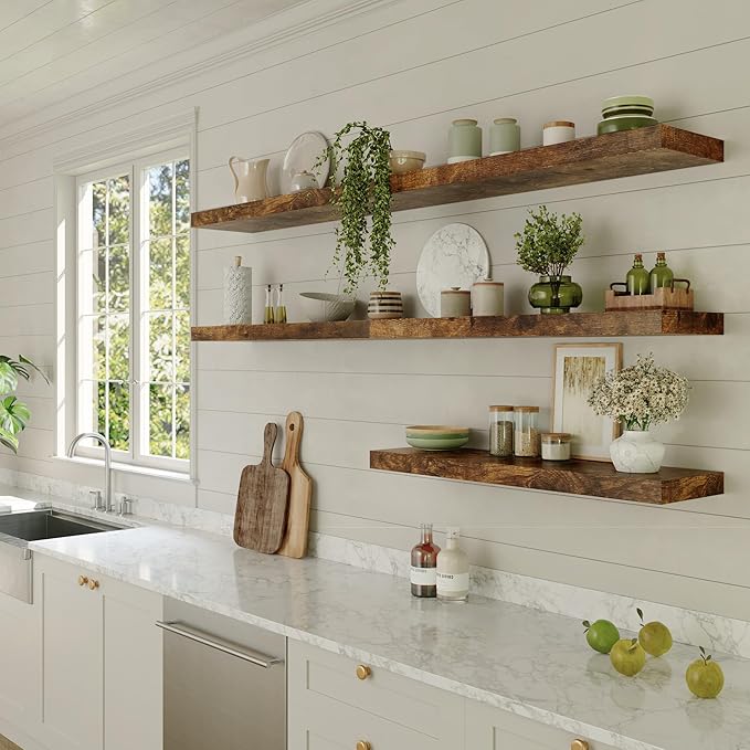 Large Floating Shelves for Wall Set of 1 Wooden Wall Shelves V Room Decor Long Shelf with Invisible Wall Mount Bracket for Bedroom Kitchen Living Room Rustic Brown