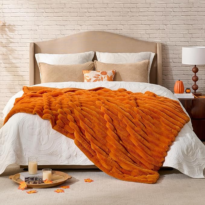 Cozy Bliss Fall Harvest Faux Fur Throw Blanket for Couch, Cozy Warm Plush Striped Blanket for for Decorating Couch Sofa Bedroom Living Room,60 * 80 Inches Burnt Orange