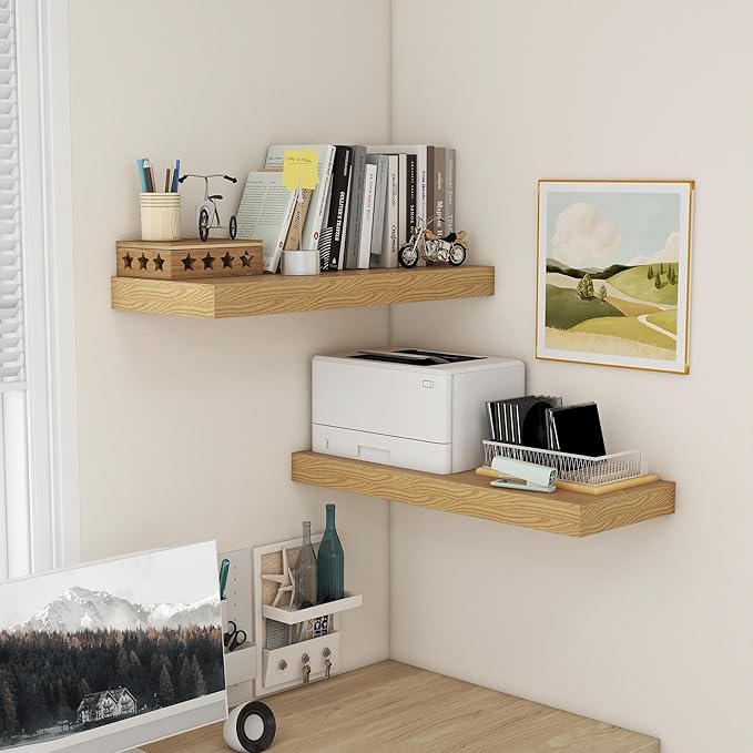12 Inch Deep Floating Shelves | 30W x 12D Rustic Floating Shelves for Wall Set of 2 | Oak Shelves for Living Room Bathroom Laundry Room Bedroom Kitchen Home Office - Oak
