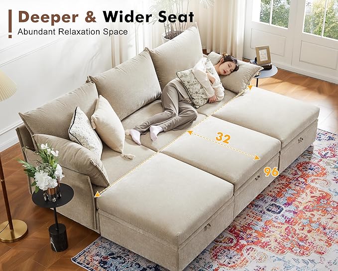 102.6" Modular Sectional Sofa, Oversized 3-Seater Couch with Removable Beige Chenille Fabric Cover, Deep Seat & High Backrest for Living Room, Office & Apartment