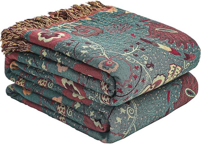 Boho Throw Blanket for Bed,100% Ultra Cotton Soft Breathable Bed Throw Floral Printed Farmhouse Decor Rustic Bed Throws for Couch Sofa Quilt 60" x 80"