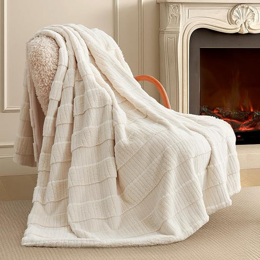 Amélie Home Luxury Striped Faux Fur Throw Blanket for Couch, Embossed Split Fur Cozy Fuzzy Fluffy Luxurious Soft Plush Sofa Chair Bed Gift Blankets for Women Men Wife Friend, 60"x80", Ivory