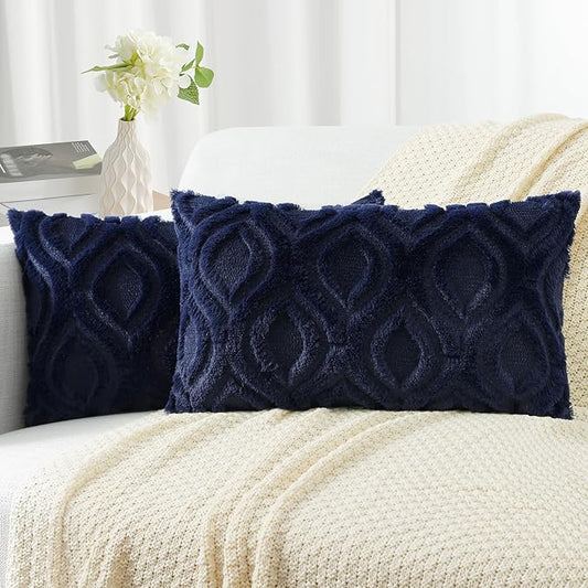 decorUhome Fall Throw Pillow Covers 12x20 Inch Set of 2, Soft Plush Decorative Faux Fur Navy Blue Solid Couch Pillow Covers, Accent Farmhouse Neutral Lumbar Euro Pillow Cases for Sofa Bed Living Room