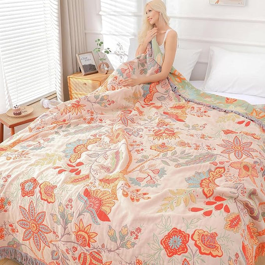 Boho Throw Blanket for Bed - 100% Pure Cotton Ultra Soft Rustic Quilt - Farmhouse Decor Bed Blankets, All Season Rustic Throw for Sofa Couch Chair(60''×80'', Floral)