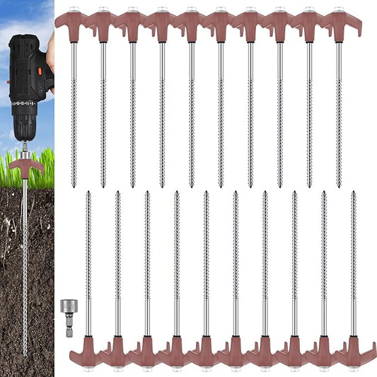 Hicarer 20 Pcs 20 Pcs 8'' Screw in Tent Stakes Heavy Duty Ground Metal Stakes for Inflatables with Hex Head Driver for Outdoor Camping Tent Inflatable Garden Decor (Brown)