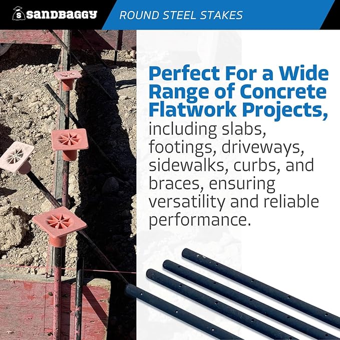 Sandbaggy Round Steel Concrete Form Stakes with Nail Holes - Rust Resistant Coating - Removable, Reusable (25, 3/4 in X 48 in)