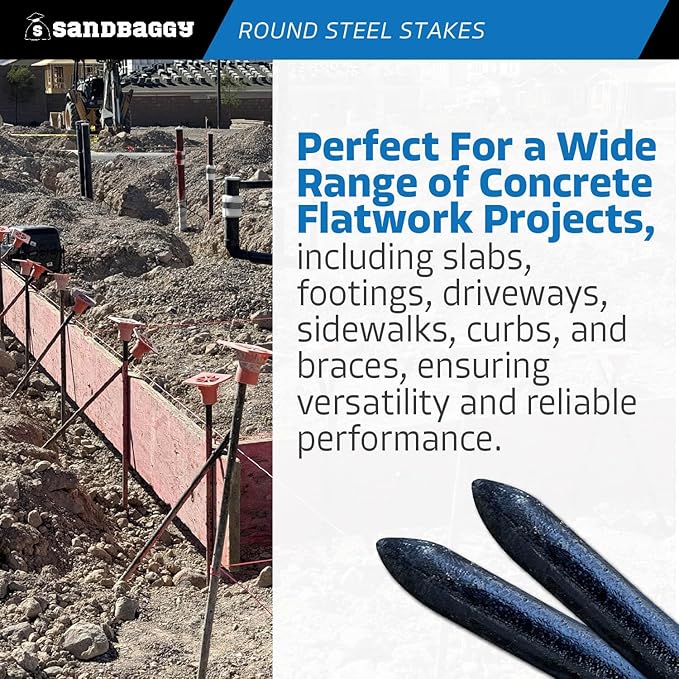 Sandbaggy Round Steel Concrete Form Stakes with Nail Holes - Rust Resistant Coating - Removable, Reusable (50, 3/4 in X 36 in)