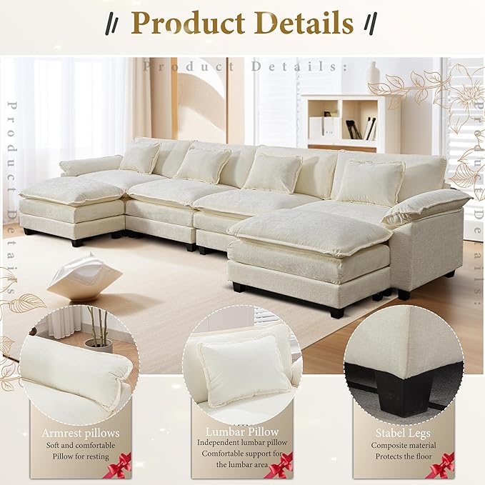 URRED Modular Sectional Sofa Comfy Cloud Couch, Modern Chenille Sofa Sleeper Deep Seat Couches with Ottoman/Pillows for Living Room (White, 154'' - U Shape)