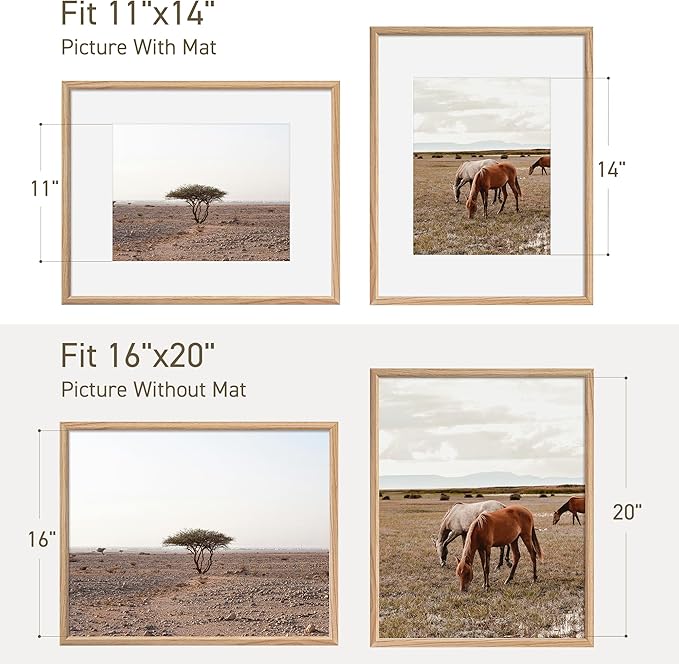 16x20 Picture Frame Set of 4 Natural Solid Oak Photo Frames with 11x14 Removable Mat Wall Hanging Large Handcrafted Frame with HD Plexiglass Wall and Tabletop Display Large Poster Frame