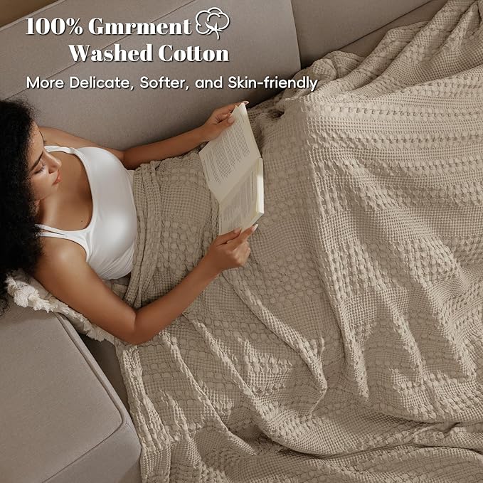 PHF 100% Cotton Waffle Weave Blanket Queen Size, Soft Lightweight Breathable Cozy Summer Blankets for Bed, Luxury Aesthetic Woven Bedding for Home Decor, 90"x90", Simply Taupe