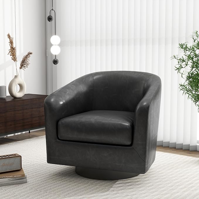 Swivel Barrel Accent Chair, Modern Round Faux Leather Arm Chair for Living Room, Bedroom, Comfy Club Reading Chairs for Adults(Faux Leather, Black Grey, Set of 1)
